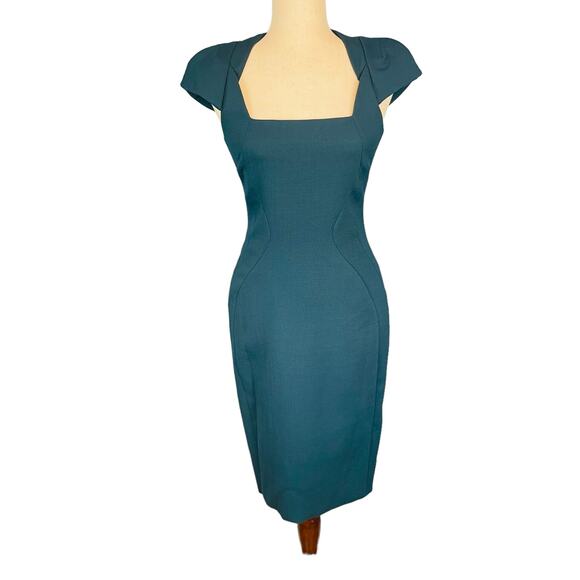 Antonio Berardi Teal Blue Green Square Neck Tailored Sheath Dress Size 4 - Picture 5 of 12